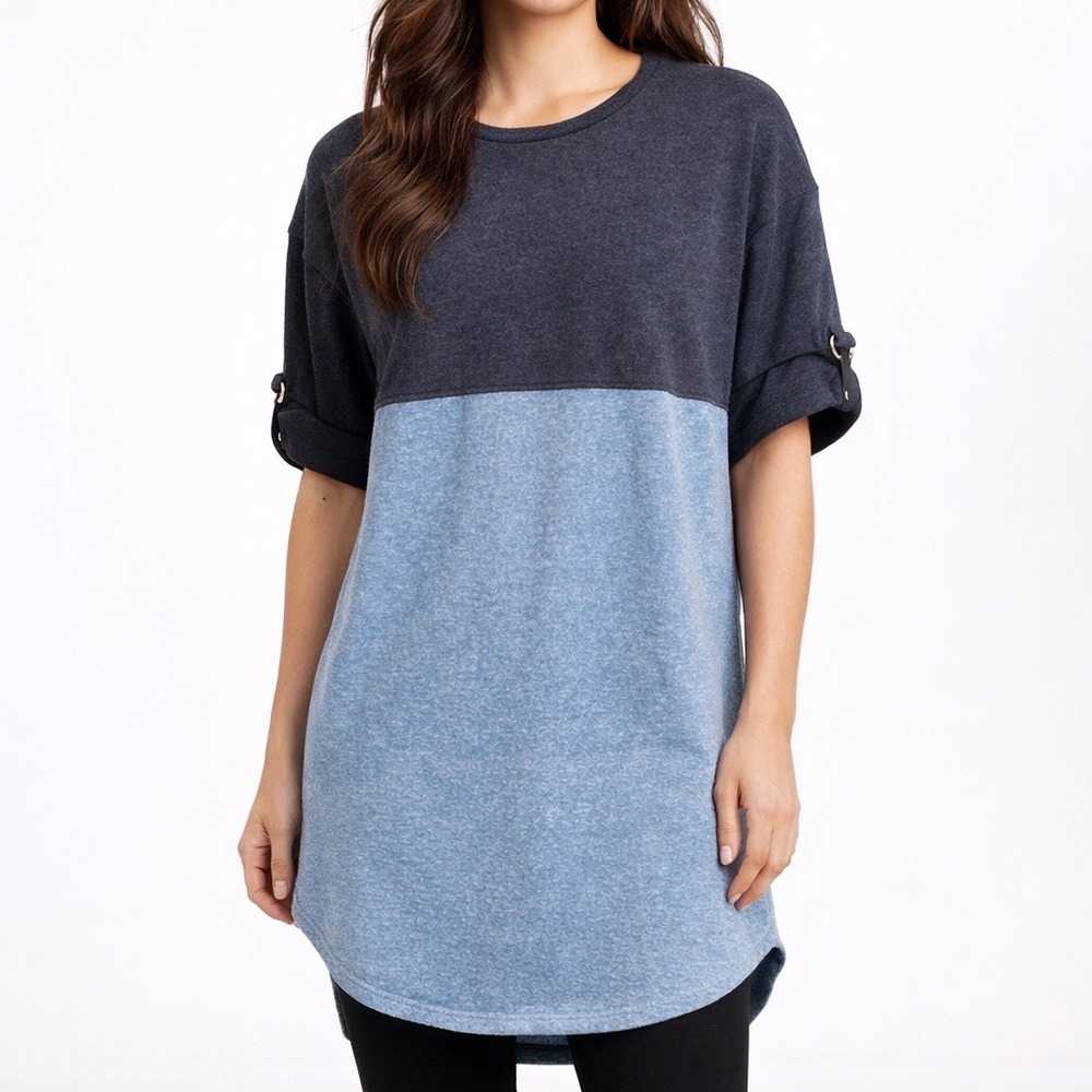 Sky Women Charcoal Blue Colorblock Oversized Roll-Tab Tunic Top SL6102 NWT SZ‎ S